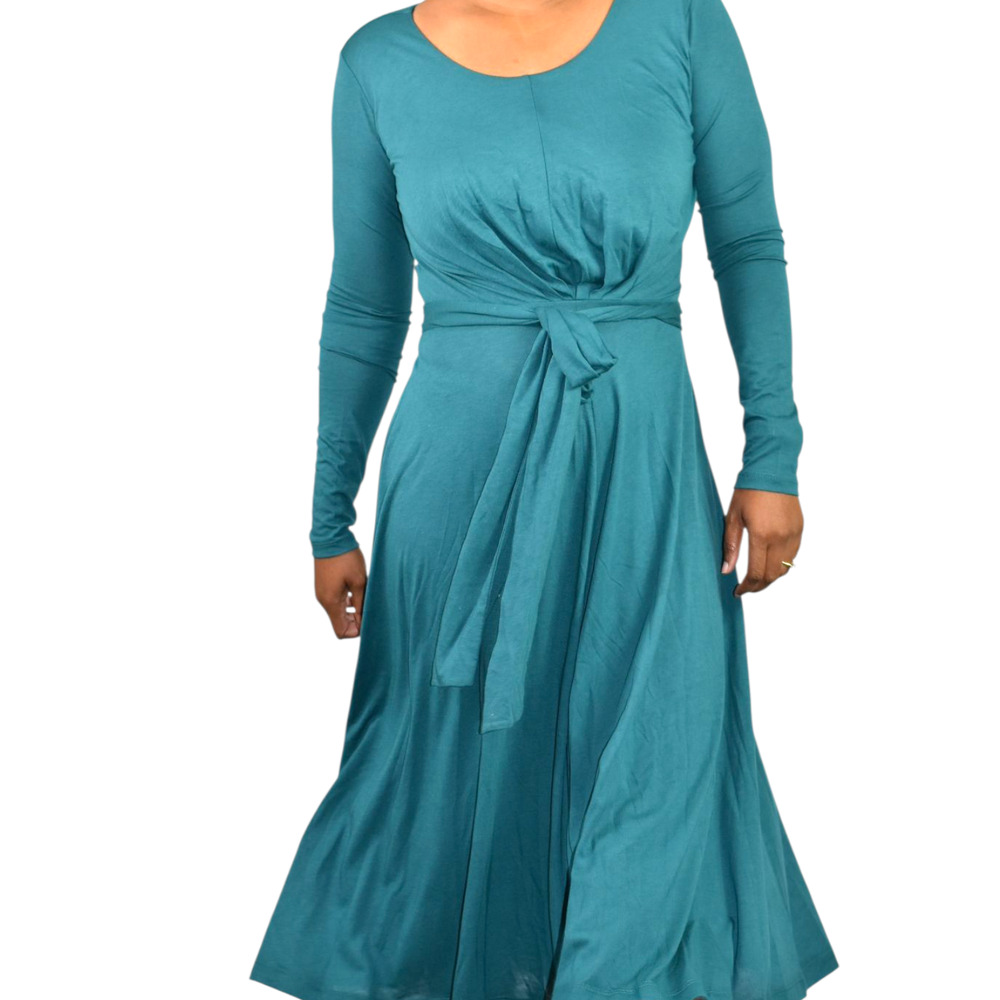 Peruvian Connection Midi Dress Teal Green Tie Waist Cotton Jersey Long Sleeve XS